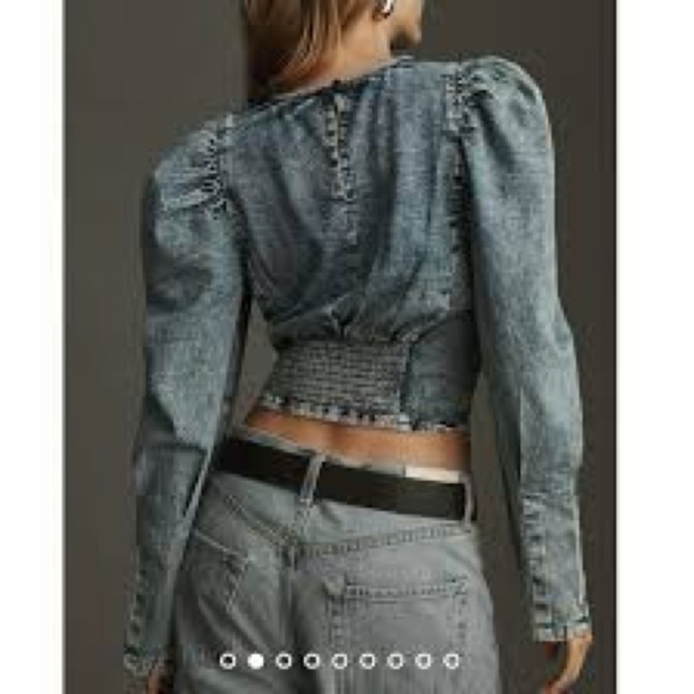 Pilcro Blue Embroidered Puff-Sleeve Denim Crop Top - Picture 4 of 16